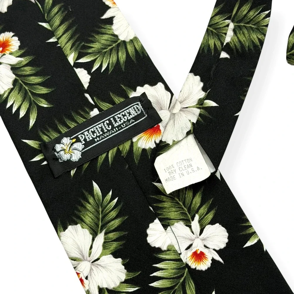 VTG Pacific Legend Hawaii USA Made Tie Black Tropical‎ Print Retro Vacation
